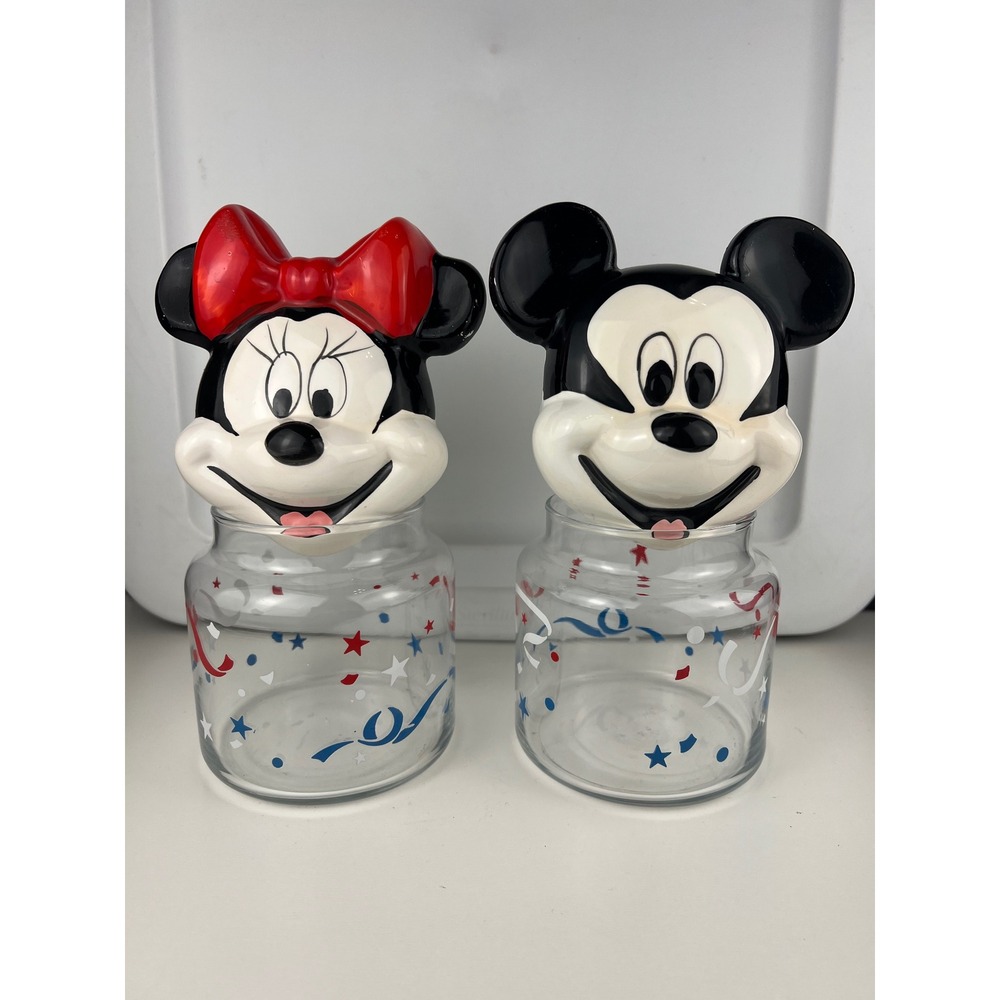 Vintage 1960s Mickey Minnie Mouse Patriotic Jar Set Red White Blue Stars Ceramic